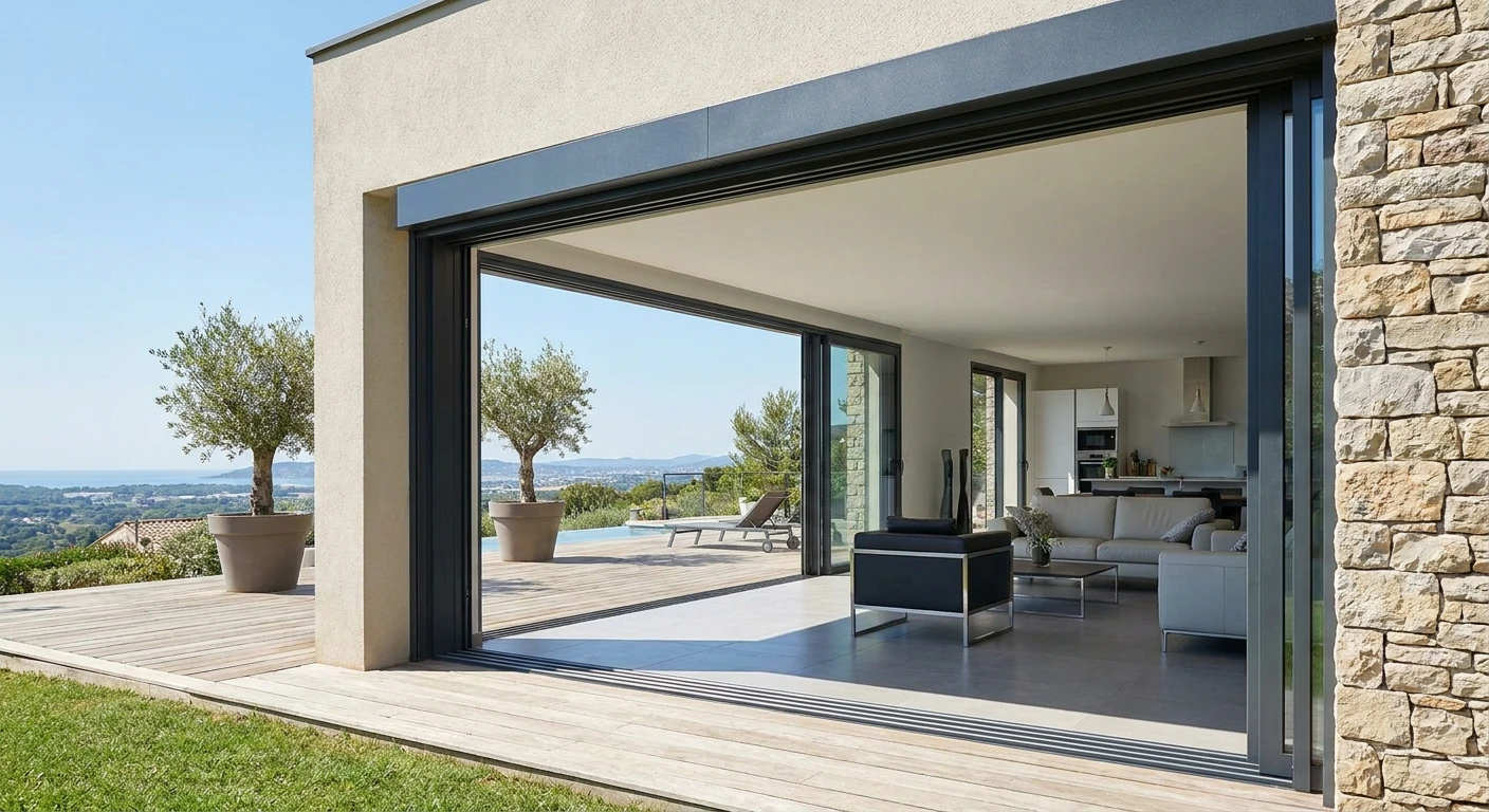 Intérieur moderne minimaliste avec grandes baies vitrées coulissantes offrant vue panoramique sur lac et montagnes enneigées