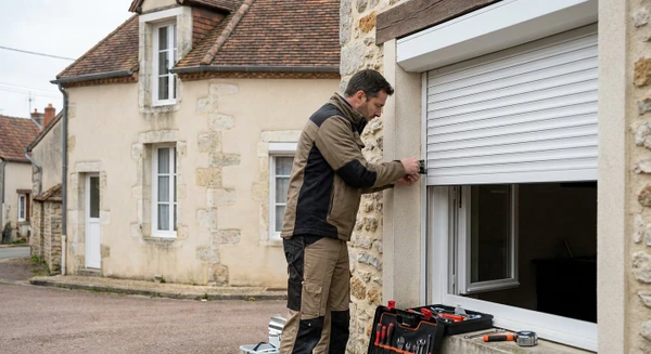 Technicien menuisier intervenant en dépannage, photographié de profil ou de trois quarts en train de réparer ou régler un volet roulant sur une façade résidentielle. Le professionnel doit être en tenue de travail appropriée, concentré sur son intervention, avec le volet roulant partiellement visible en arrière-plan ou dans le cadre. La scène doit se dérouler en lumière naturelle à l'extérieur d'une maison, montrant clairement l'expertise technique du dépannage sans texte ni logo visible.