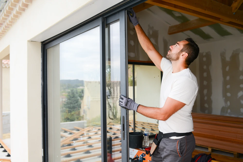 Homme en tenue de travail installant une baie vitrée coulissante à cadre anthracite dans maison en construction
