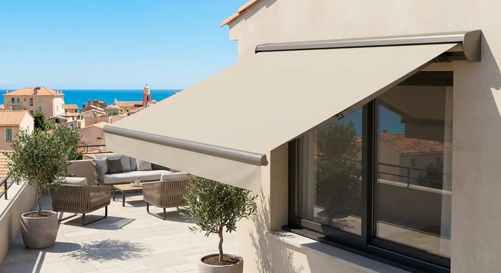 Balcon de l'immeuble d'appartements moderne européen avec cloisons extérieures ou stores à roulettes, pots de fleurs