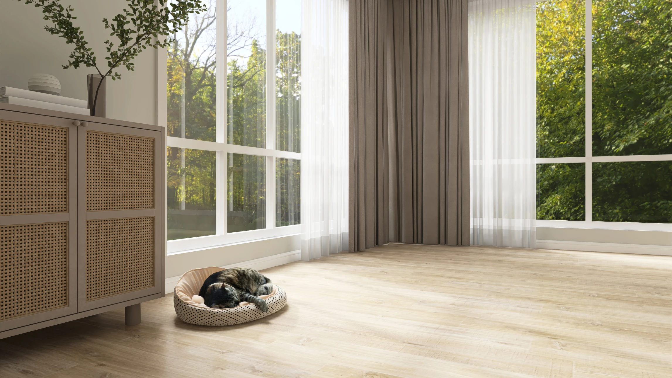 Intérieur résidentiel moderne avec pose de parquet flottant en cours